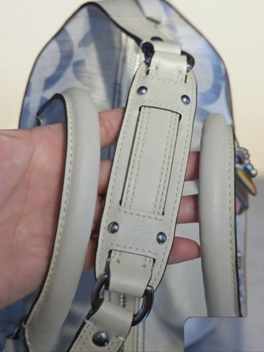 Coach Cream and Gray Signature Satchel with Leather Handles